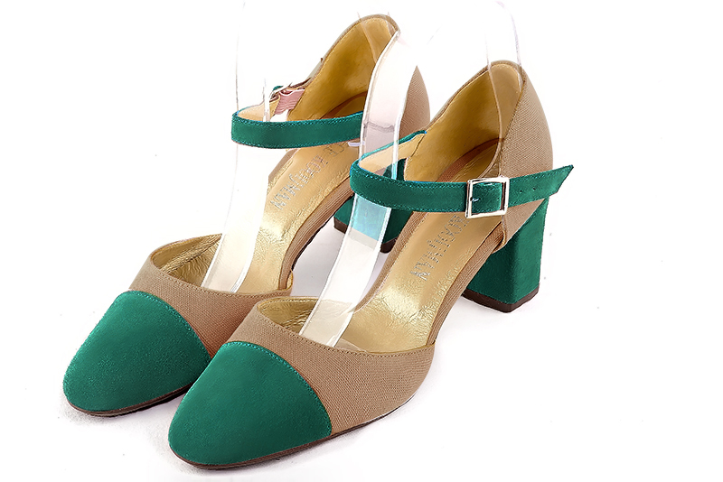 Emerald green and tan beige women's open side shoes, with an instep strap. Round toe. Medium block heels. Front view - Florence KOOIJMAN